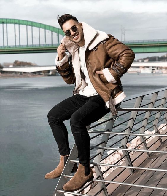 Brown Shearling Jacket with Suede Chelsea Boots 